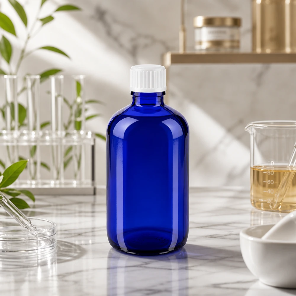 100 ml:n valolta suojaava pullo, koboltinsininen, valkoisella alkuperäisyystulpalla, laboratoriossa