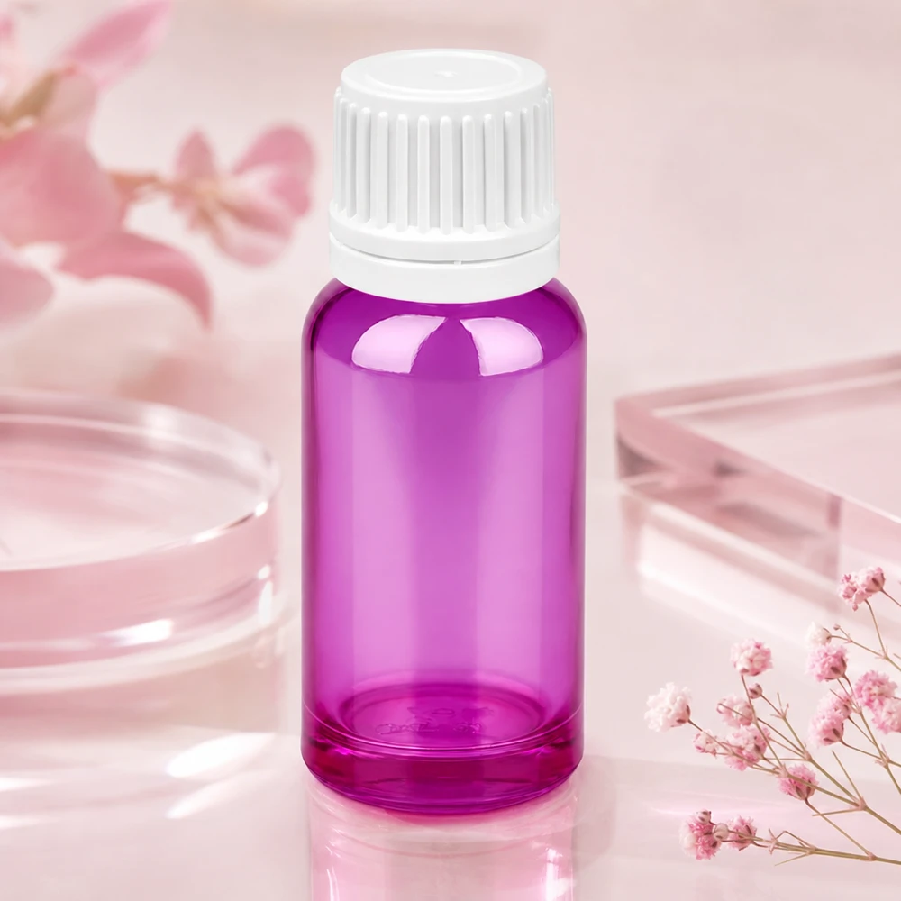 20ml pullo 11mm kierrekorkki valkoinen Originality kierrekorkki PurpleLine UT18/20 Laadukas 20 ml:n pullo violetista borosilikaattilasista, jossa on valkoinen korkki apteekkikäyttöön.