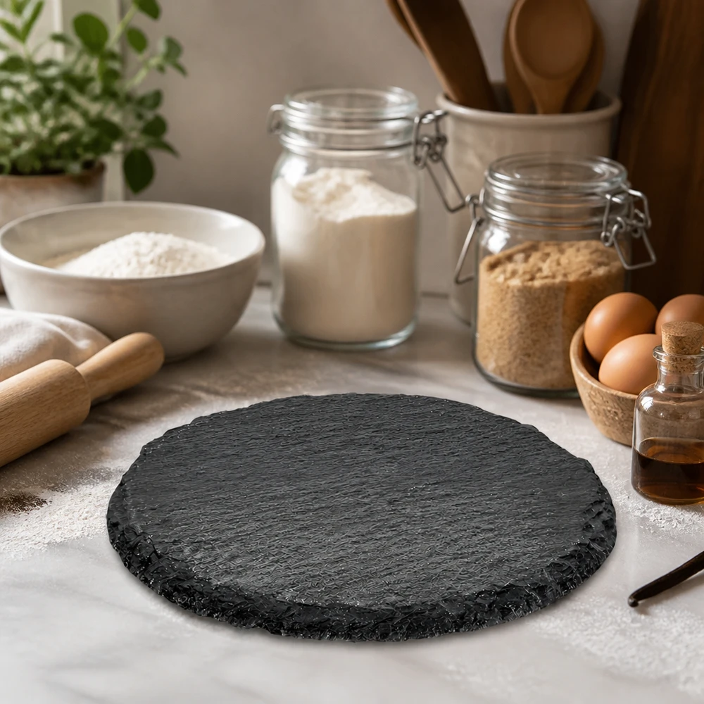Runde Schieferservierplatte 15cm inmitten von Backzutaten und Küchenutensilien als stilvolle Arbeitsunterlage