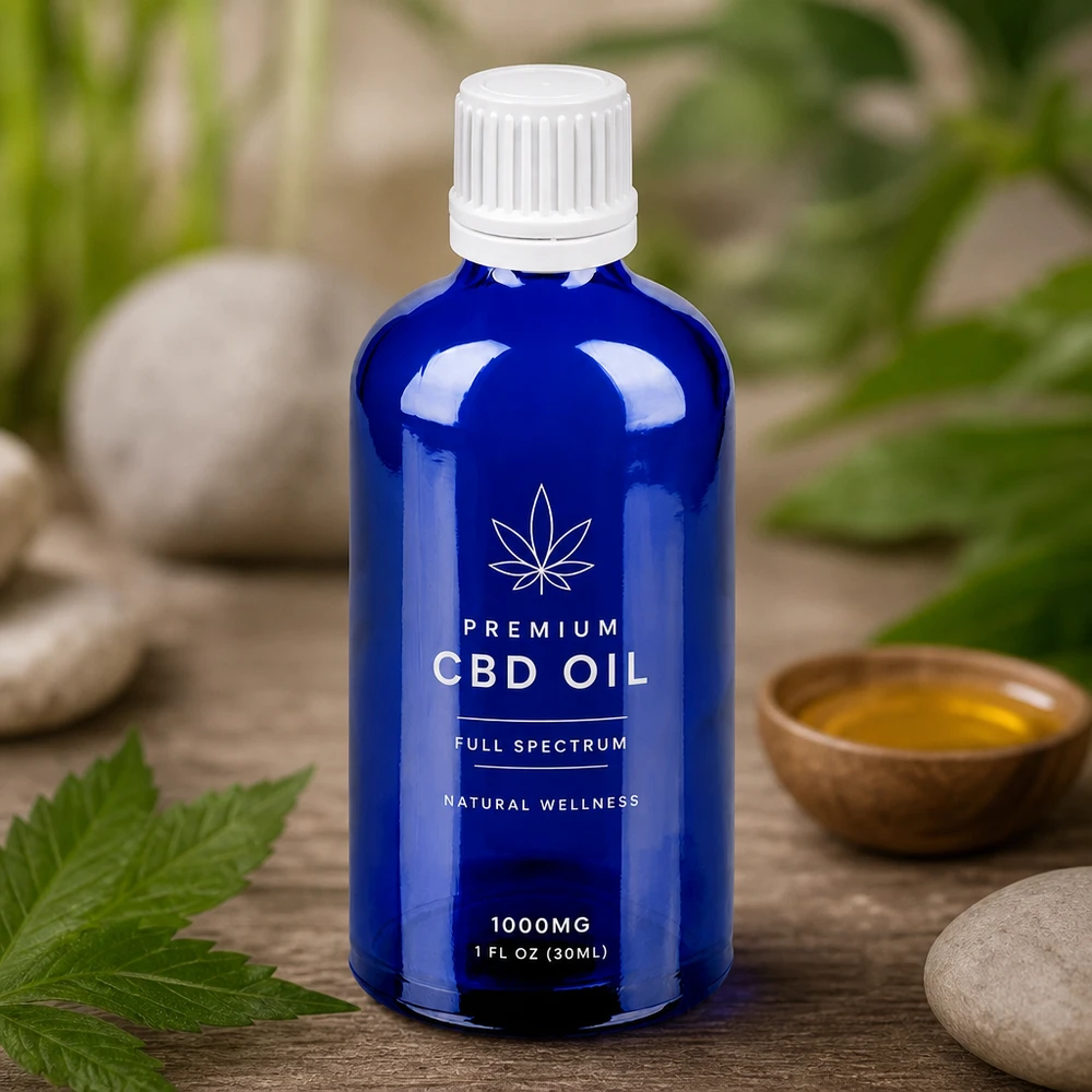 Kompakti 100 ml:n lasipullo voimakkaan sinisellä ja valkoisella korkilla CBD-öljyille ja tinktuureille.