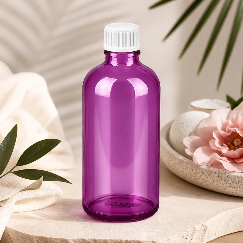 Kompakti 100ml violetti lasipullo UT18-kierteellä aromaterapiatuotteille.