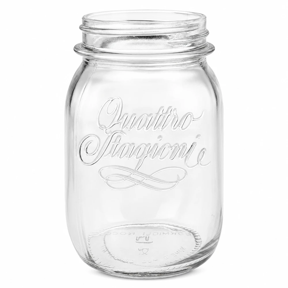 500ml Quattro Stagioni säilöntätölkki kirkkaasta lasista, jossa on kohokuvioitu logo ilman kantta valkoisella pohjalla.