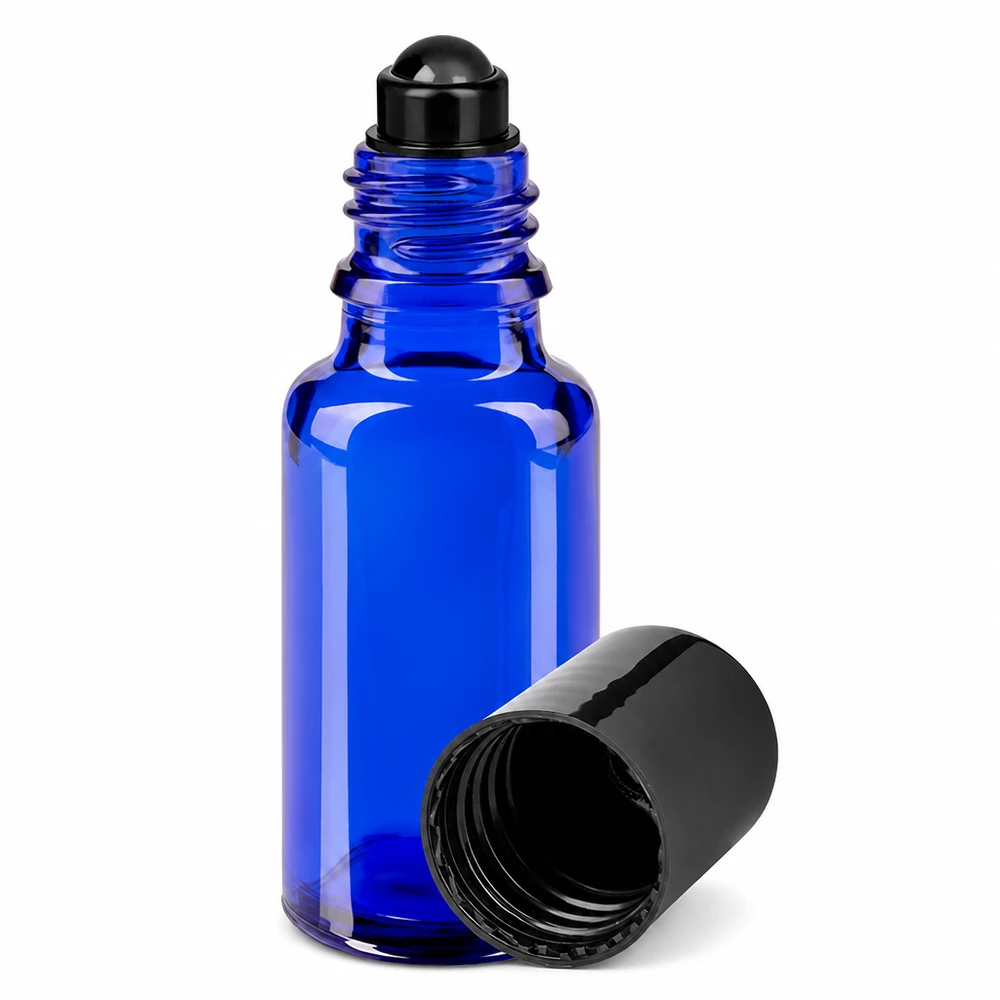Apteekkipullo sininen 20ml roll-on korkki musta 20 ml:n sininen roll-on-pullo apteekkilasista, jossa on musta rullapää ja kierrekorkki