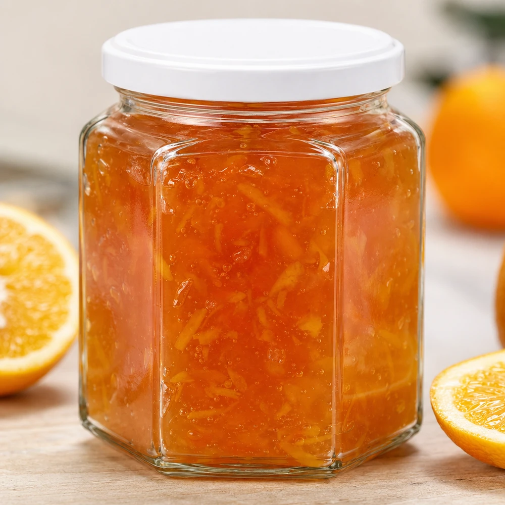 400 g:n kuusikulmainen hunajapurkki, joka on täytetty appelsiinimarmeladilla, näyttää yksityiskohtaisesti purkin laadun ja kannen tiivisteen.