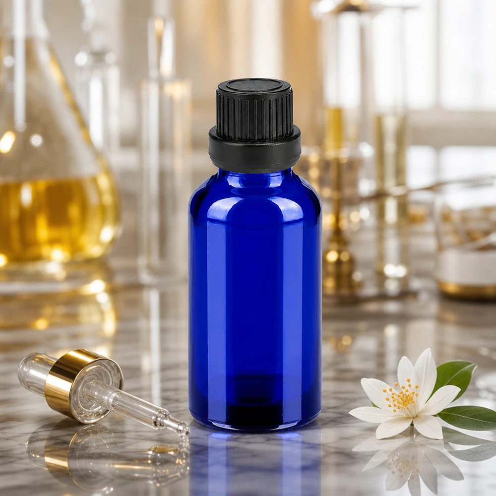30ml pullo 11mm kierrekorkki musta väärentämisen estävä korkki BlueLine UT18/30 Koboltinsininen 30 ml:n lasipullo, jossa tippapipetti seerumien ja öljyjen tarkkaa annostelua varten.
