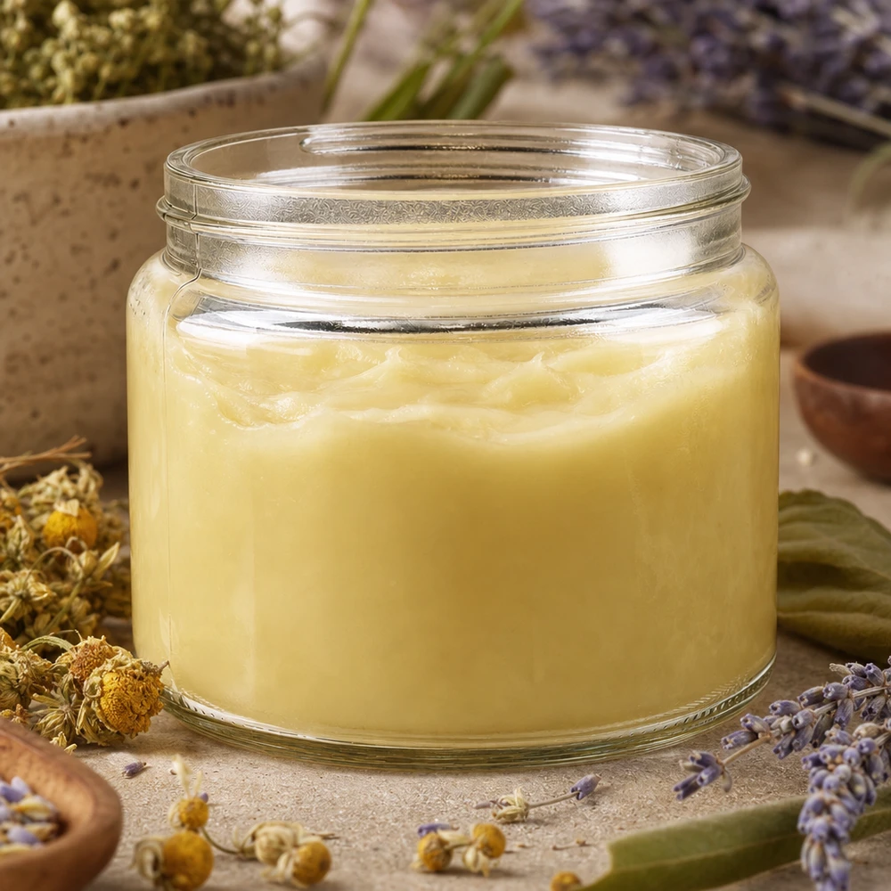 Voidepurkki (lasipurkki) 250 ml kirkas, ilman kantta, kierre 83mm/R3. Glastiegel 250ml mit cremiger gelber Salbe gefüllt umgeben von Kamillenblüten und Lavendel natürliche Hautpflege