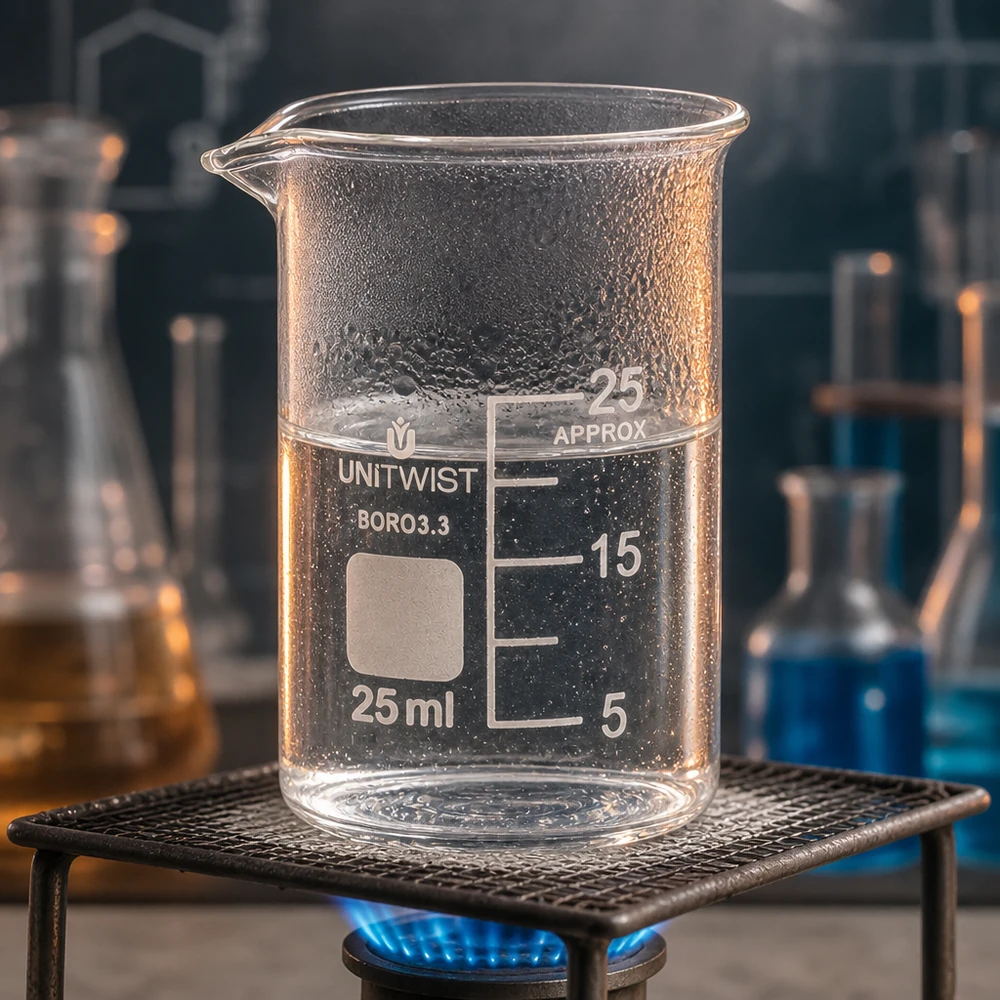 25 ml:n dekantterilasi, borosilikaattia, matala muotti UNiTWIST UNiTWIST-lasikulho, 25 ml, borosilikaattilasia 3.3, lämmitetään laboratoriossa kaasupolttimella, jossa on metalliverkko