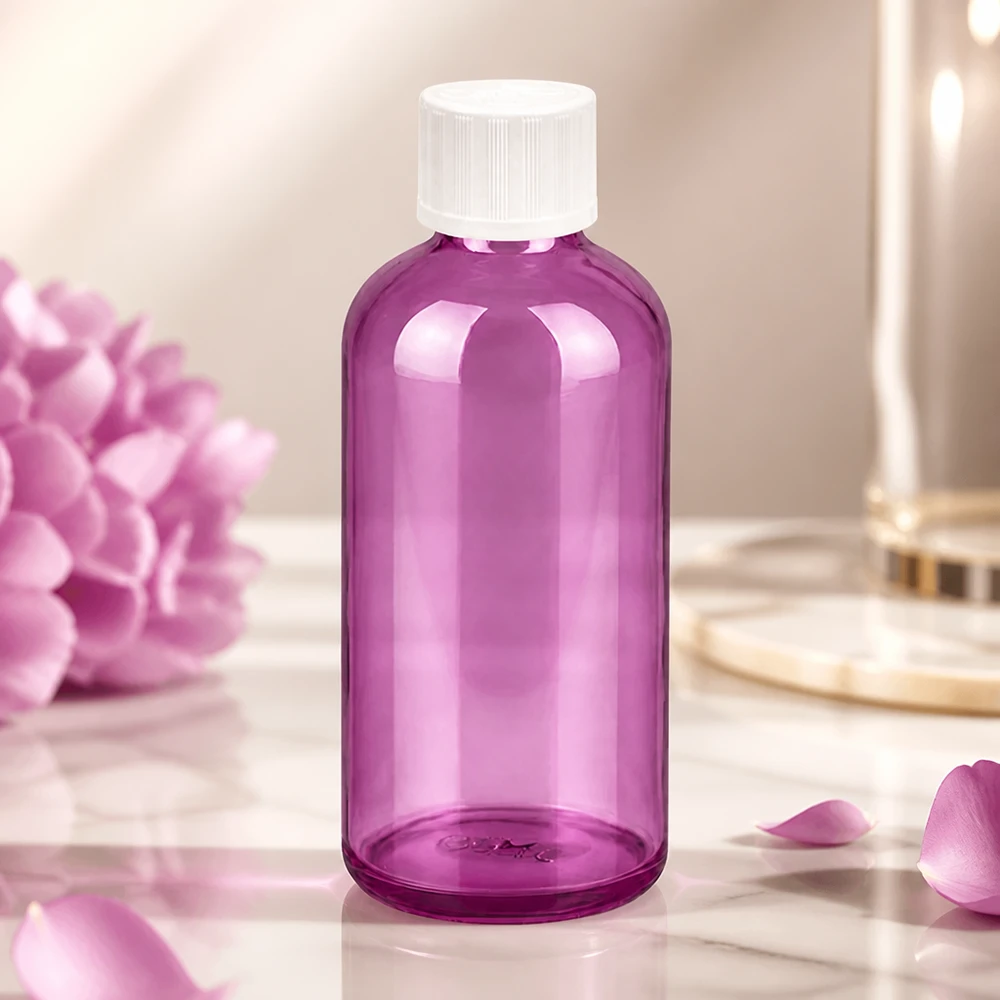 Violetti lasipullo 100ml, jossa on tarkka 1.2mm tippaputki hoitotuotteiden tarkkaa annostelua varten.