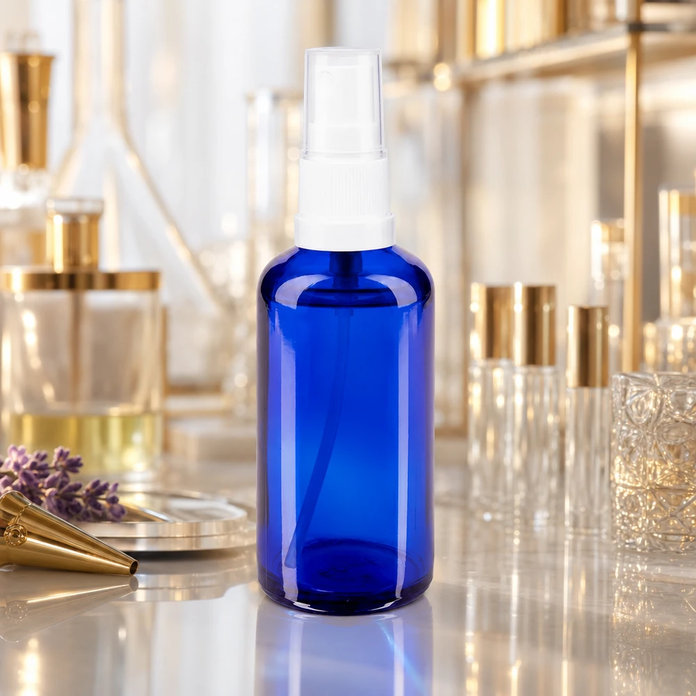 Apteekkipullo sininen 50ml ruiskukorkki valkoinen Koboltinsininen 50 ml:n apteekkilasinen suihkepullo, jossa on valkoinen pumppusuihkutin, hajusteiden laboratoriossa