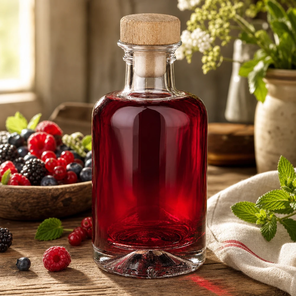 100ml Glasflasche Sofia mit Holzkorken gefüllt mit Beerenlikör zwischen frischen Beeren und Minze warme Küchenstimmung