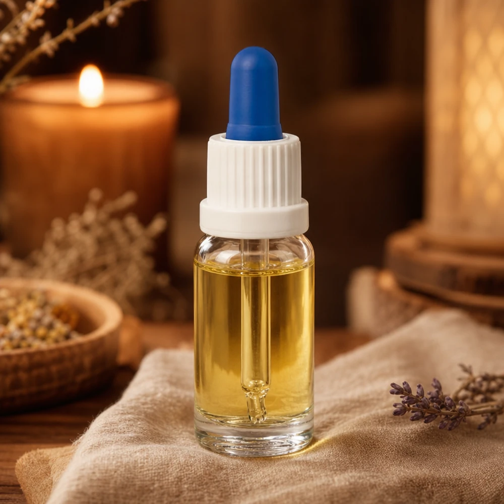 10ml pipettipullo valkoinen/sininen sulkeminen väärentämisen estävällä sulkimella ClearLine UT18/10. Aromaterapia-pipettipullo, 10 ml, kirkasta lasia, sinisellä kumipallolla, kynttilän ja yrttien vieressä