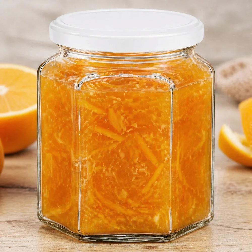 400g Honigglas mit weißem Deckel BasicSeal UNiTWIST 400 g:n kuusikulmainen hunajapurkki, joka on täytetty appelsiinimarmeladilla, tuoreiden appelsiiniviipaleiden vieressä maalaismaisella puualustalla.