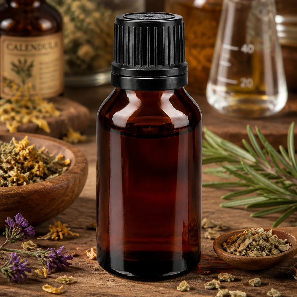 Apteekkipullo ruskea 15ml ruuvikorkki musta kaatorengas peukaloinninesto sulkeminen. UV-suojattu apteekkipullo, 15 ml, ruskeaa lasia, kierrekorkilla, rosmariinin ja lääkekasvien välissä