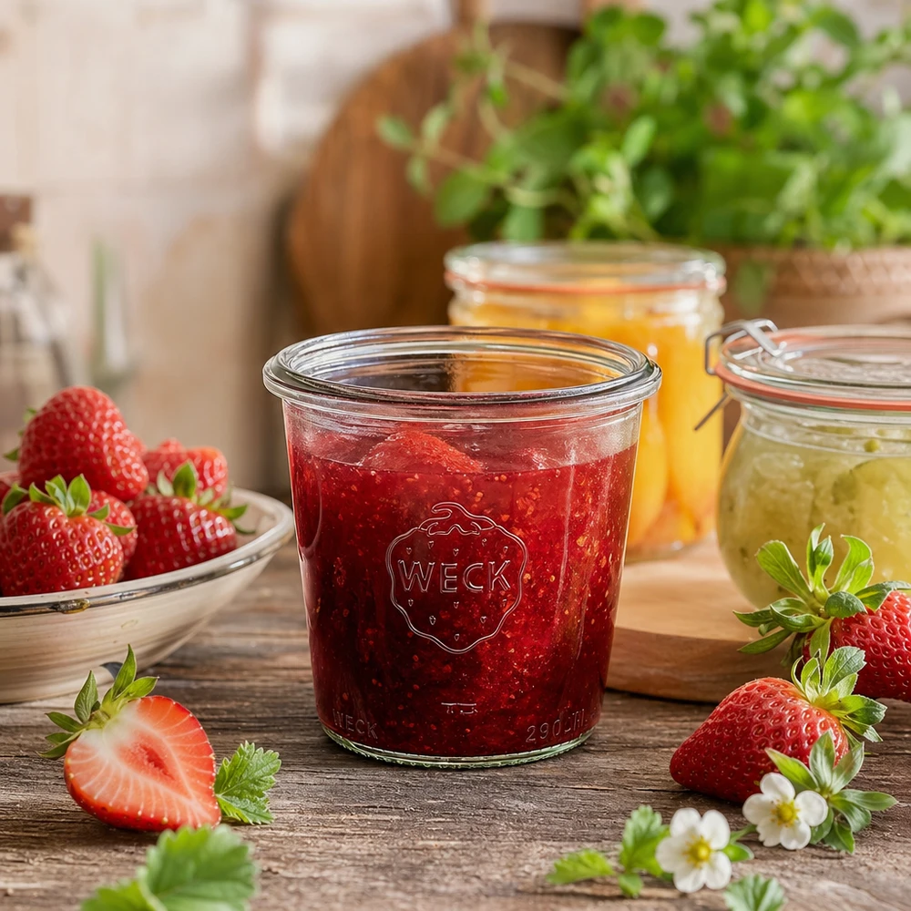 290ml WECK RR80 purkki täynnä mansikkahilloa tuoreiden mansikoiden vieressä puupöydällä maalaismainen keittiö