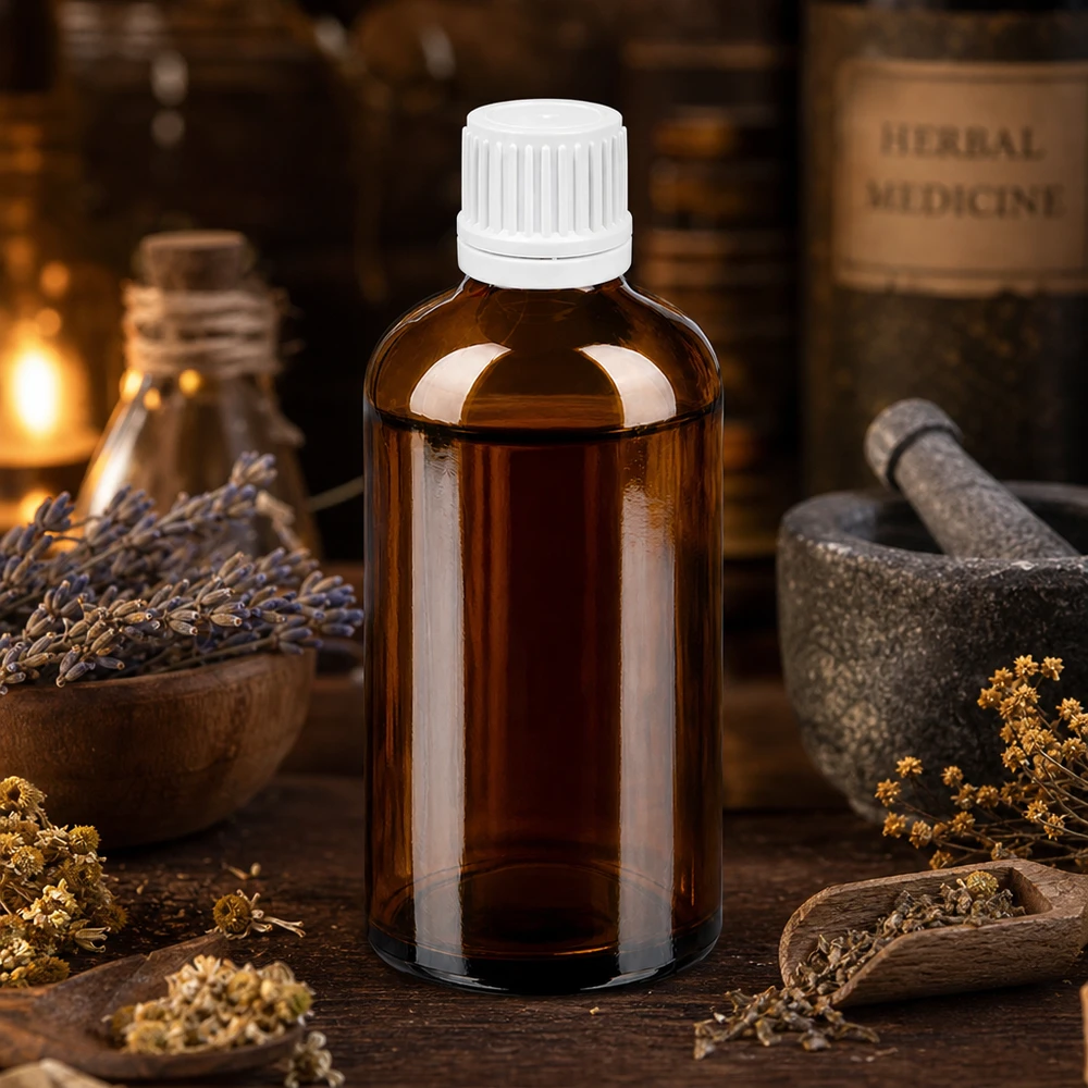 100ml UV-suojalasipullo valkoisella korkilla valolle herkille aineille.