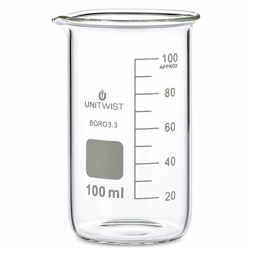 100ml borosilikaattilasi, korkea muoto UNiTWIST. UNITWISTin 100 ml:n korkea, läpinäkyvä borosilikaattilasi-mitalasi, jossa on millilitra-asteikko