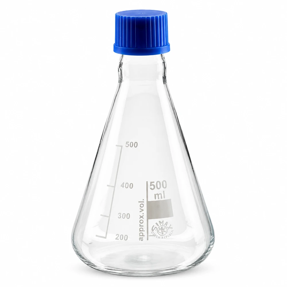 Erlenmeyer-pullo 500ml lasia, jossa sininen kierrekorkki laboratoriosovelluksiin