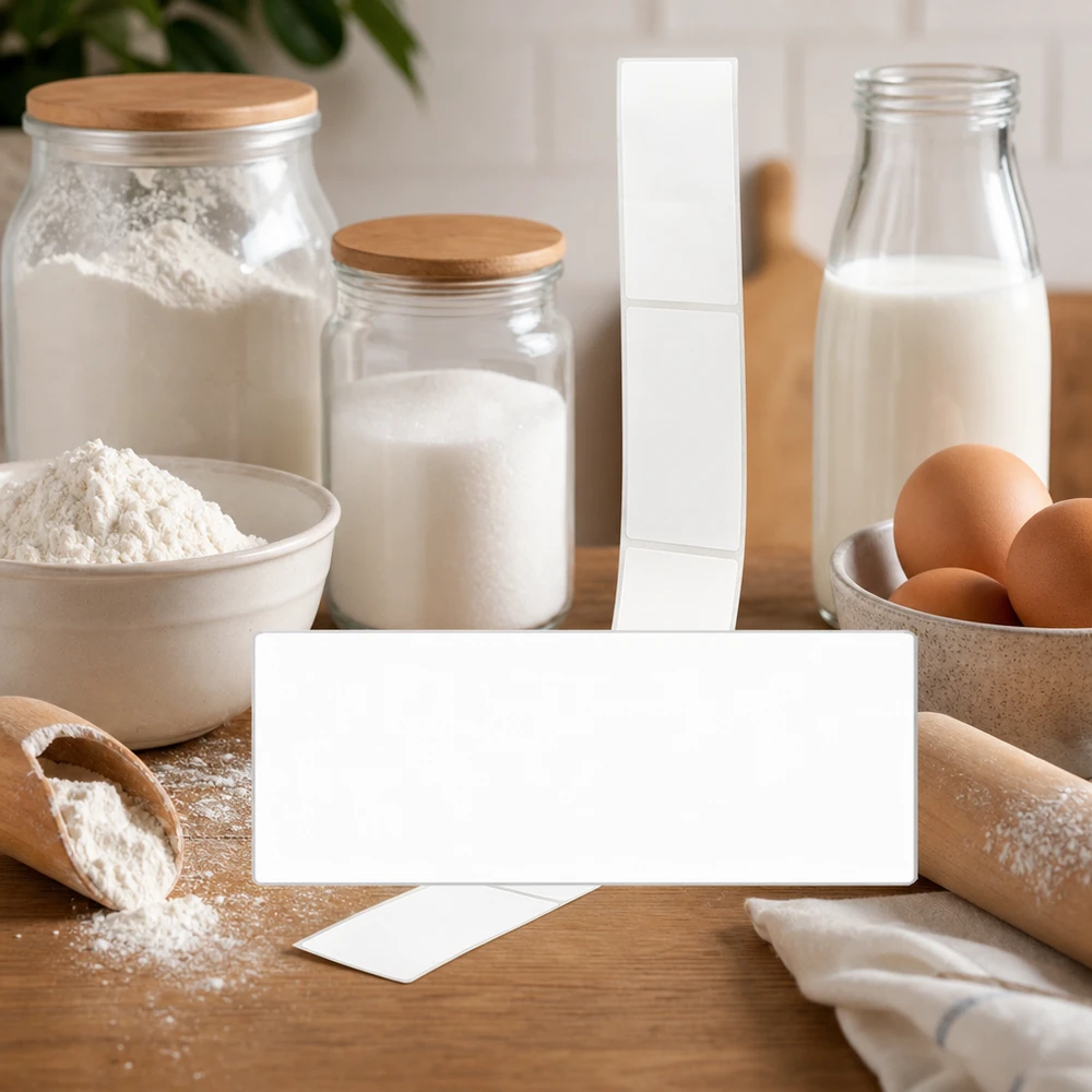 Pakkaus 20 etikettiä 54 x 154,5 mm etikettien merkitsemiseen. Beschriftungsetiketten 54x154,5mm für Backzutaten und Küchenorganisation in gemütlicher Landhaus-Küche