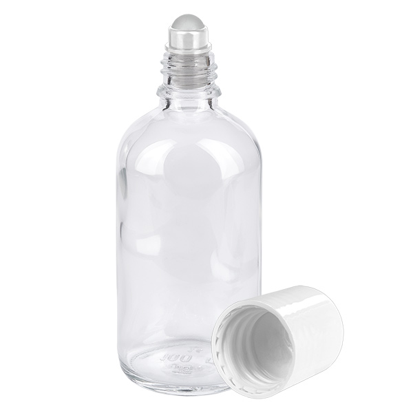 100ml roll-on-pullo valkoinen vakiokorkki ClearLine UT18/100 100 ml:n lasipullo, jossa on rullapää ja valkoinen kierrekorkki, ClearLine UT18/100