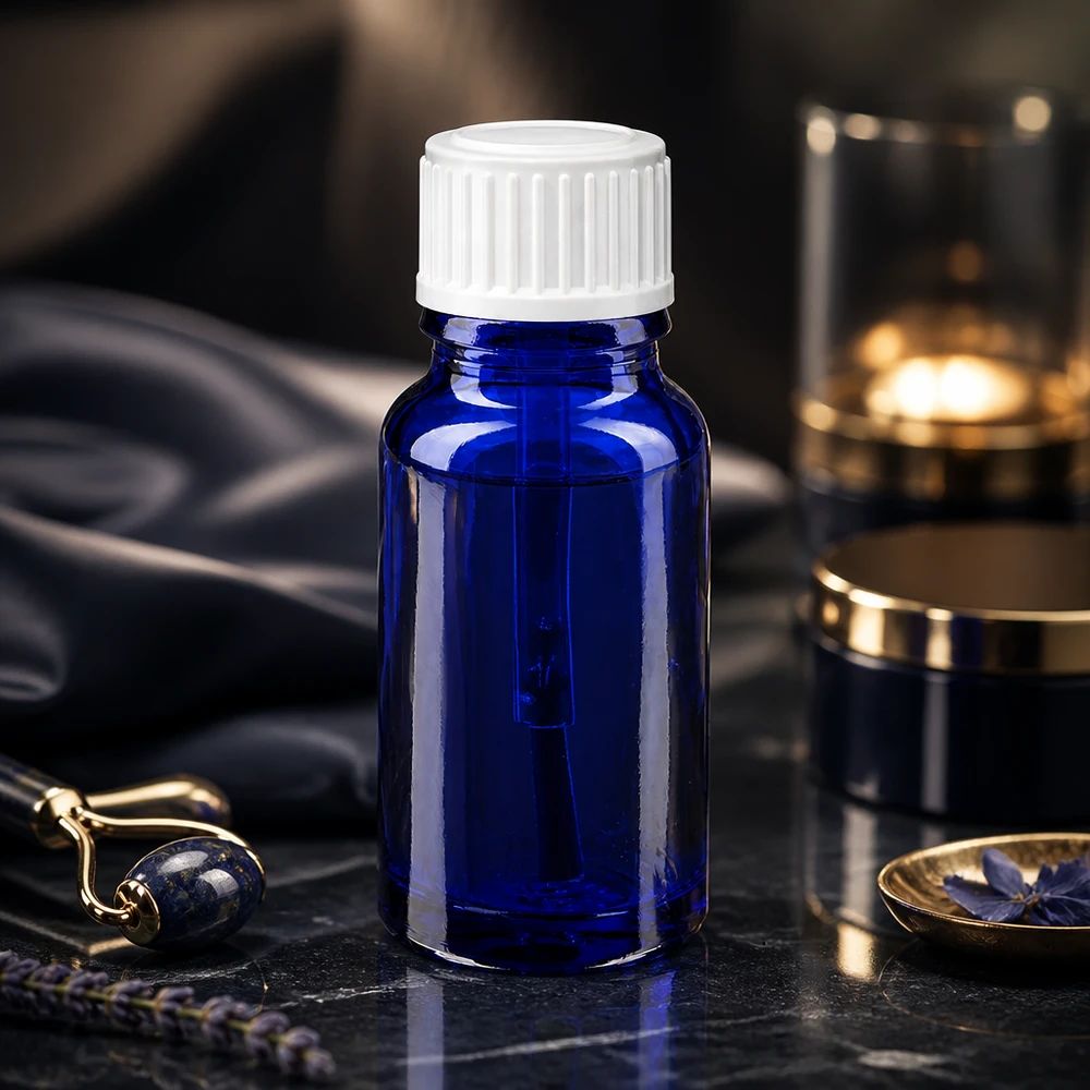 Apteekkipullo sininen 10ml ruuvikorkki valkoinen sivellin Tummansininen 10 ml:n STD-lasipullo, jossa on valkoinen sivellinkorkki, kosmeettisiin käyttötarkoituksiin