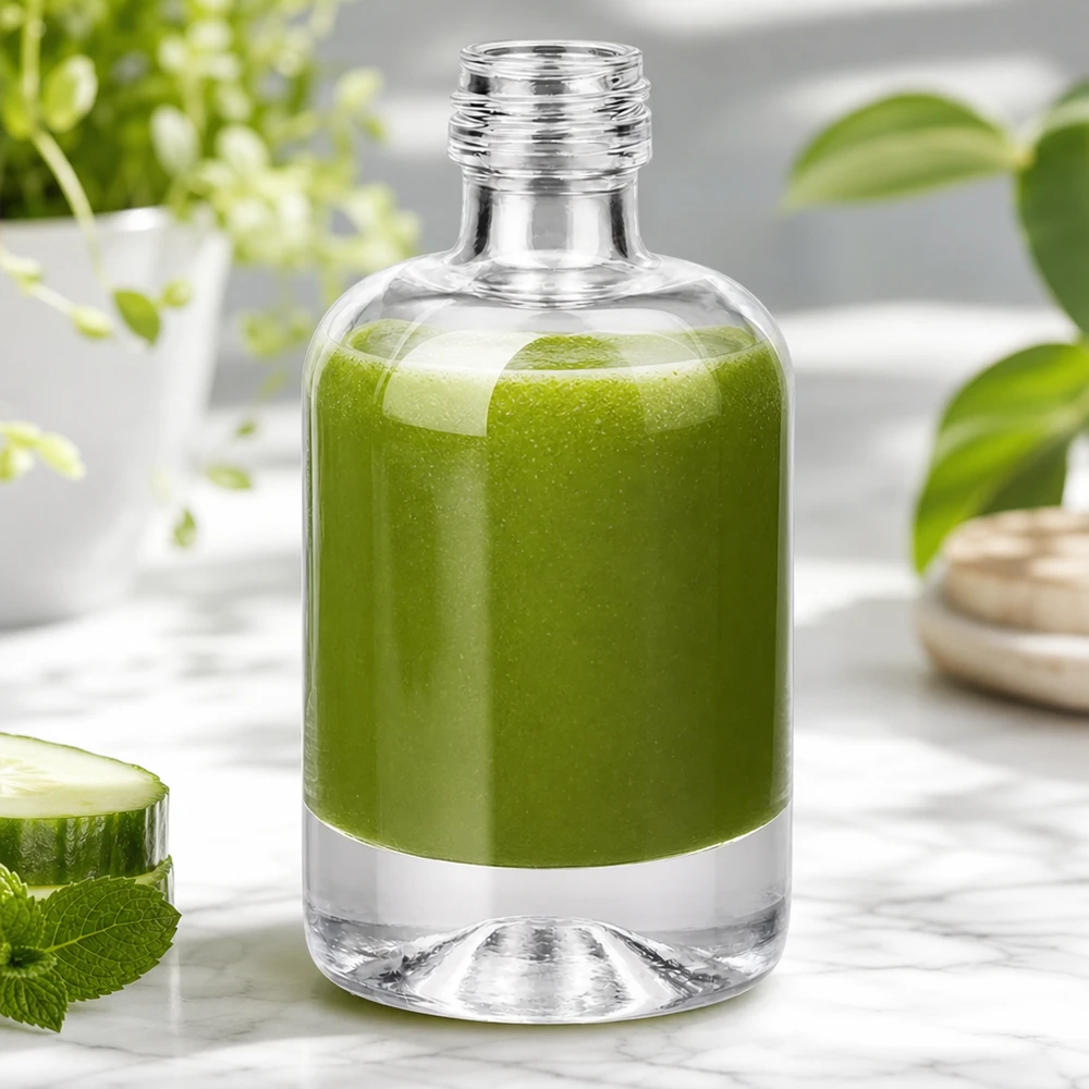 40ml Glasflasche "Sara" ohne Schraubverschluss UNiTWIST 40ml lasipullo Sara täynnä vihreää smoothieta kurkun ja mintun vieressä näyttää luonnonkosmetiikan sovelluksen.