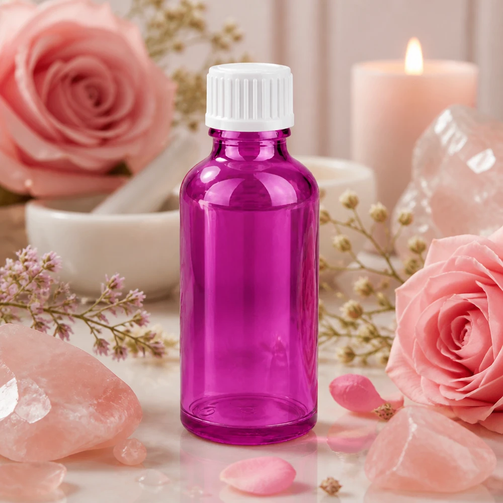 50ml kirkkaan violetti lasipullo valkoisella kierrekorkilla eteerisille öljyille ja kosmetiikalle.