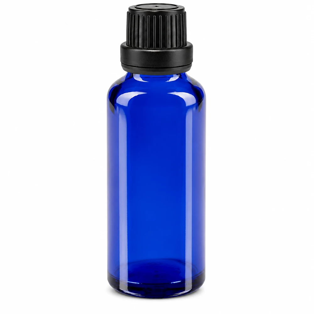 30 ml:n sininen lasinen apteekkipullo, jossa on musta alkuperäiskorkki ja 2 mm:n tiputin