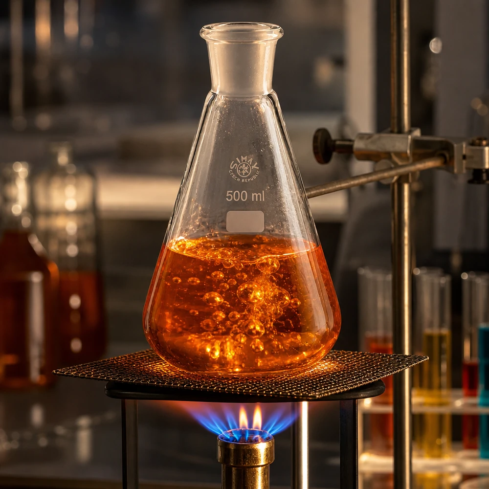 500 ml:n erlenmeyerpullo, jossa on oranssia reaktioliuosta Bunsen-polttimella kemian laboratoriossa.