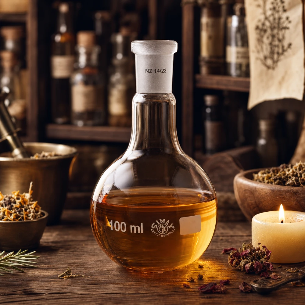 Lantiopullo 100ml, jossa on vakiohionta (14/23). 100 ml:n lonkkapullo, jossa on kullanväristä nestettä ja orgaanisen kemian standardiliitos 14/23.