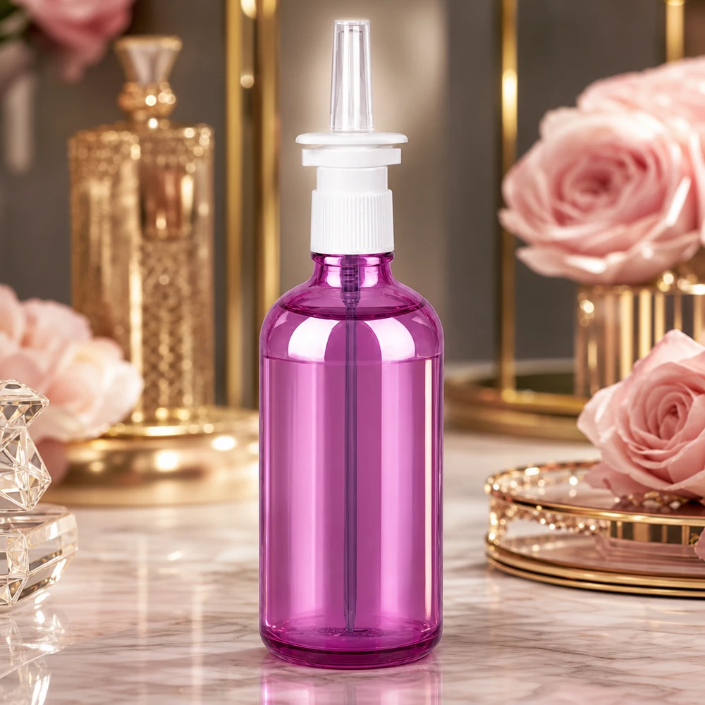 Ergonominen 100 ml:n nenäsumutepullo tyylikkäässä violetissa värissä, jossa on tarkka suihkutusjärjestelmä helppoa annostelua varten.