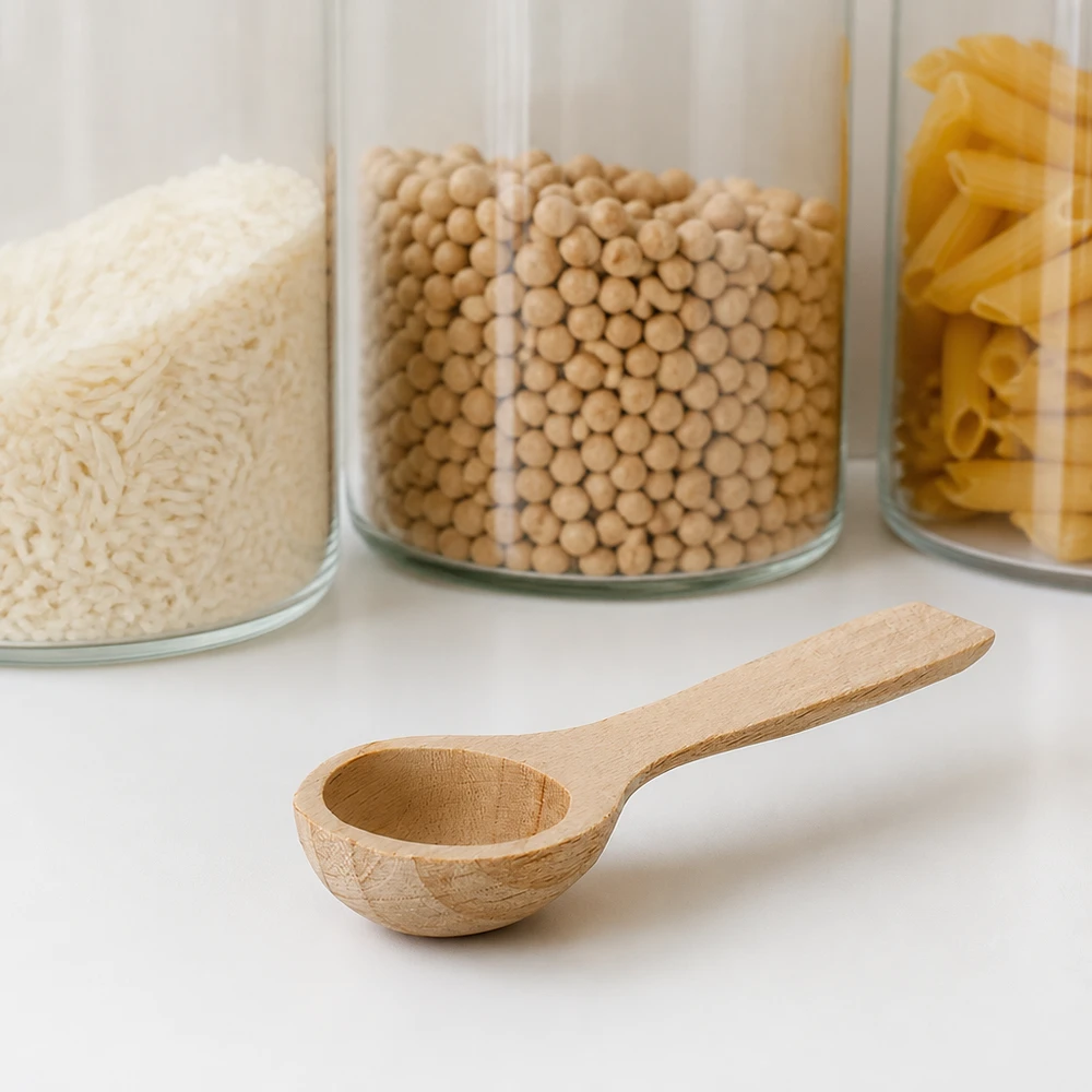 Pyökki puusta kauha S edessä säilytyspurkit riisiä kikherneet pasta keittiö organisaatio luonnollinen materiaali