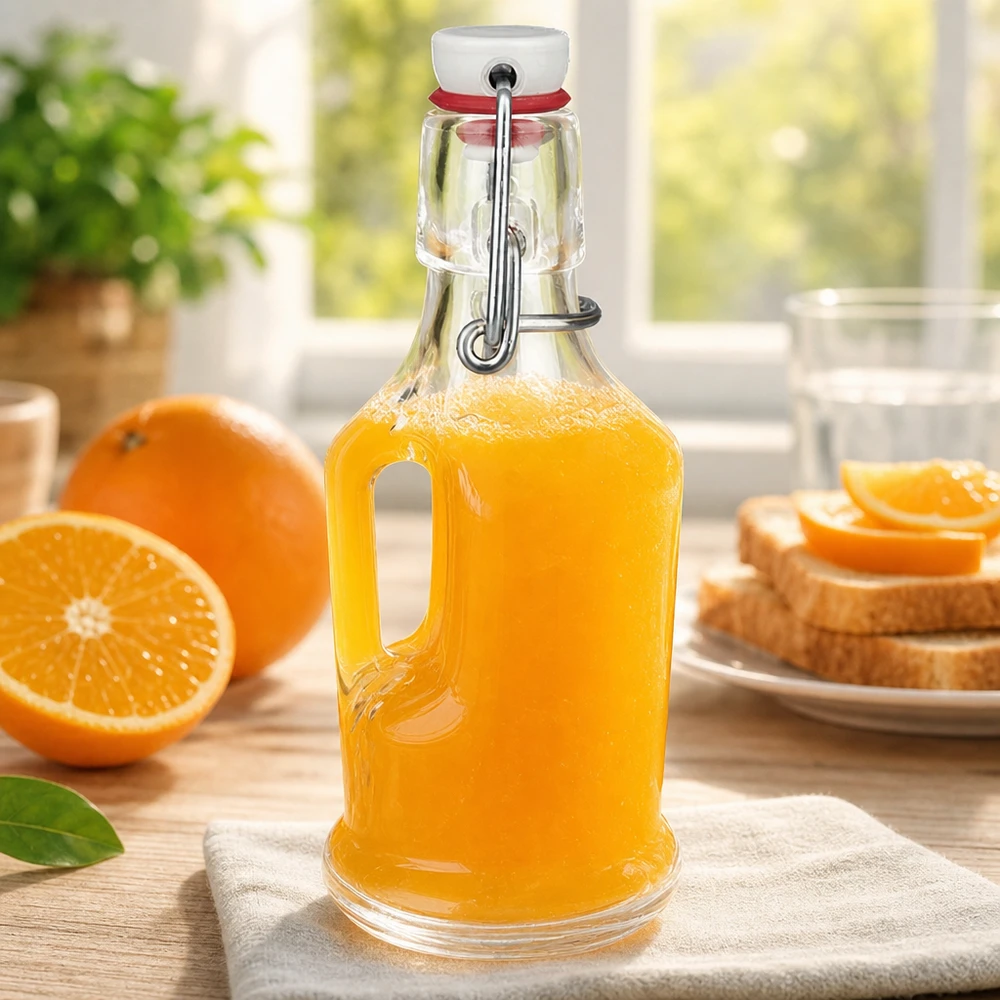 UNiTW-lasipullo Bertha 200ml täynnä appelsiinimehua tuoreiden appelsiinien ja paahtoleivän vieressä swing top aamiaiskohtaus