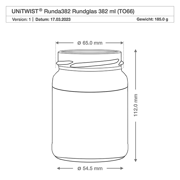 382ml pyöreä purkki ilman kantta (TO66) UNiTWIST UNiTWIST Runda382 pyöreä lasi 382ml TO66 tekninen piirustus ja mitat Halkaisija 65mm Korkeus 112mm Paino 185g
