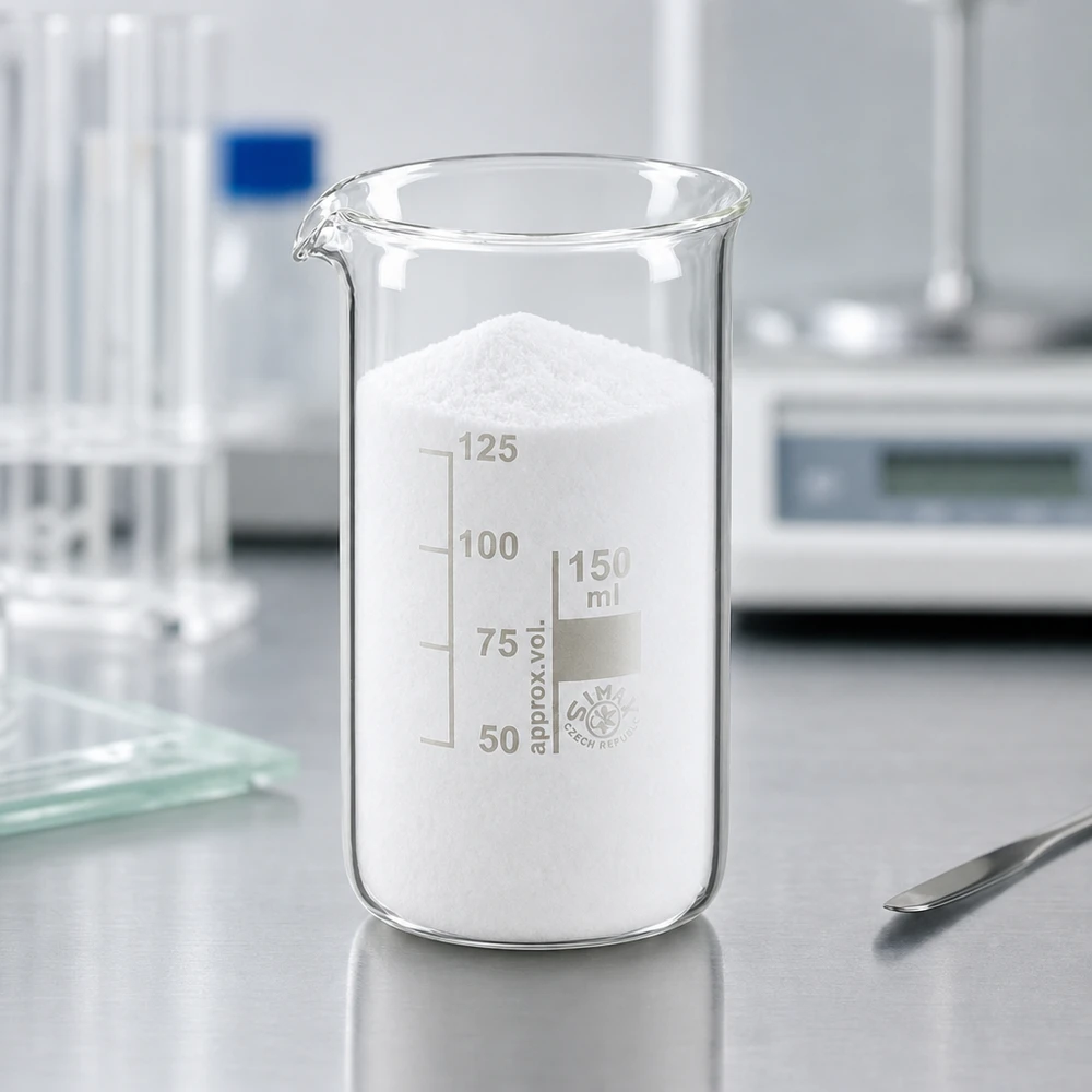150 ml:n korkea koeputki, joka on täytetty valkoisella jauheella, ruostumattomasta teräksestä valmistetulla laboratoriotyötasolla