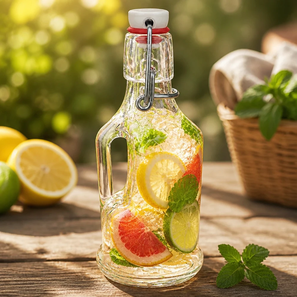 200ml lasipullo Bertha, jossa sitruuna-greippi-infuusio, minttu, UNiTWIST-kiikku, ulkoilma-ambientti.