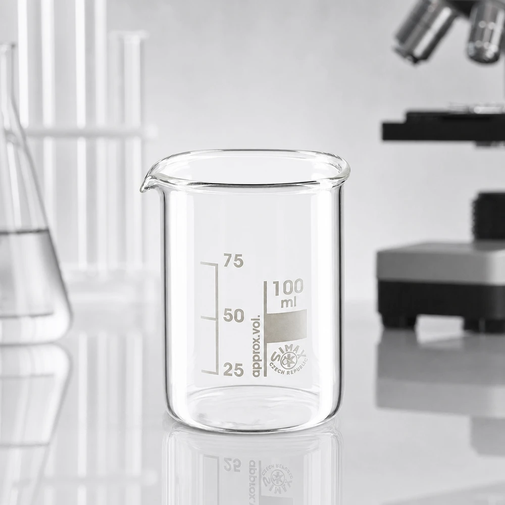 Läpinäkyvä 100 ml:n dekantterilasi 100ml, matala muotti, valmistettu borosilikaattilasista laboratorion kemiallisiin sovelluksiin.