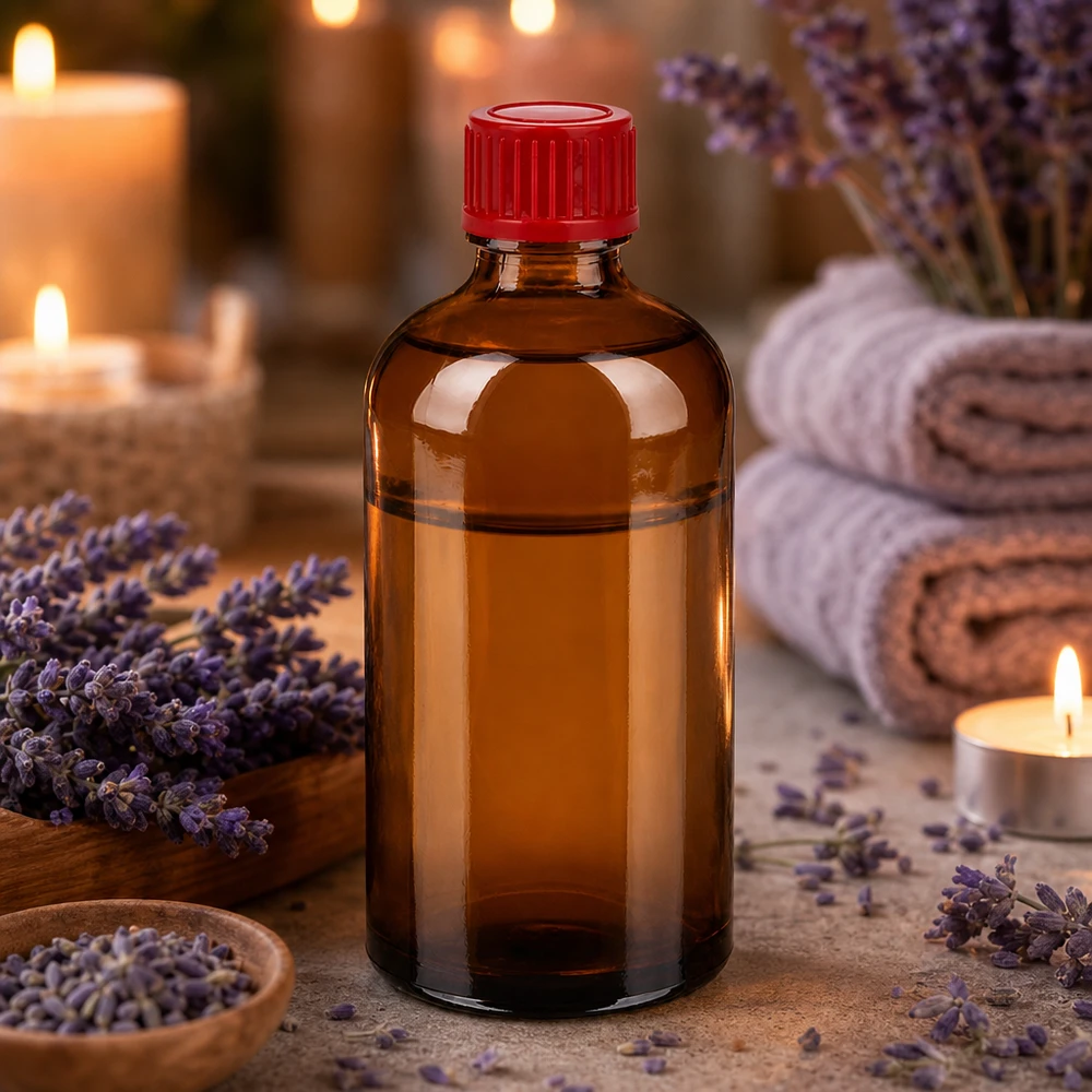 Laadukas 100ml meripihkanvärinen lasipullo, jossa on UV-suojaus ja punainen vakiokorkki aromaterapiaa varten.