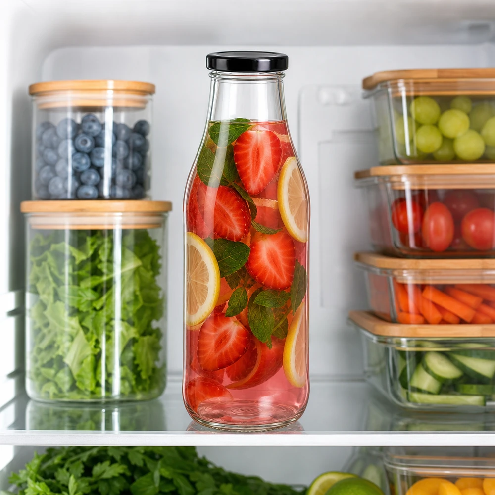 1000ml Glasflasche mit Erdbeer-Zitronen-Getränk im Kühlschrank zwischen organisierten Lebensmittelbehältern