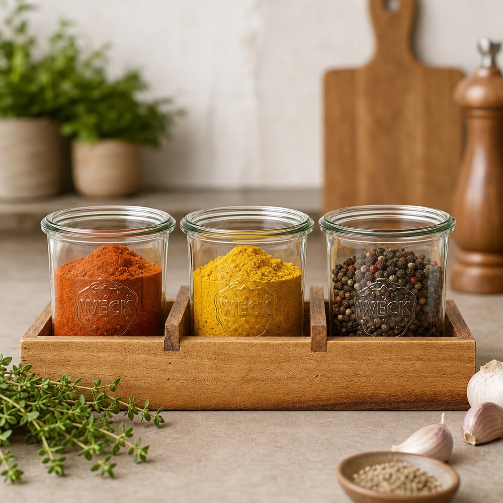 Gewürz-Organisation im Akazienholz Servierbrett Box3 drei WECK Gläser mit Paprika Kurkuma Pfeffer Küchendeko