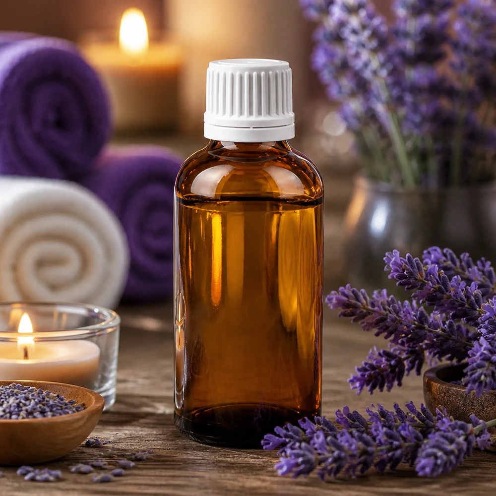 Pienikokoinen 50ml pullo 11mm korkilla, ihanteellinen aromaterapia- ja wellness-tuotteille.