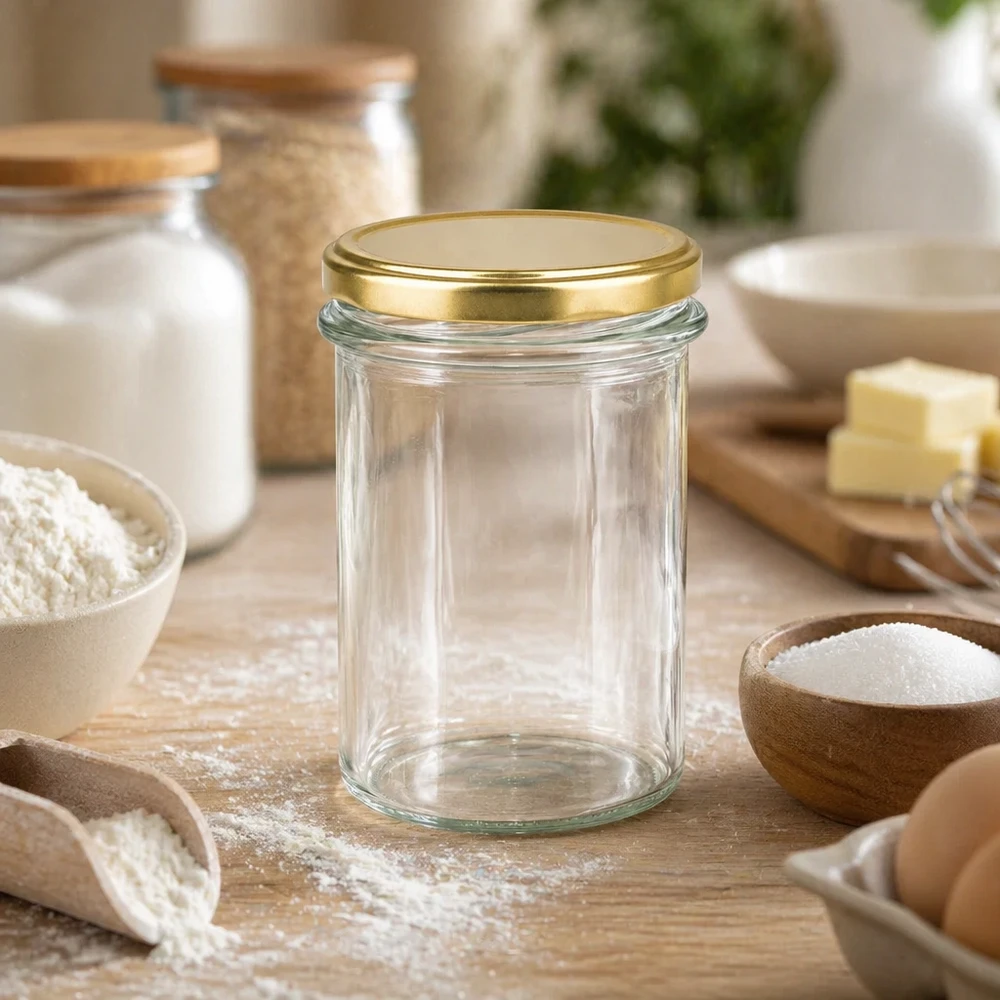 230 ml:n juomapullot, joissa on BasicSeal-kansi kultainen UNiTWIST. 230 ml:n juomapullot tyhjinä kultaisella BasicSeal-kannella UNiTWIST keittiössä leivonta-ainesten ja puisten kulhojen ympäröimänä.