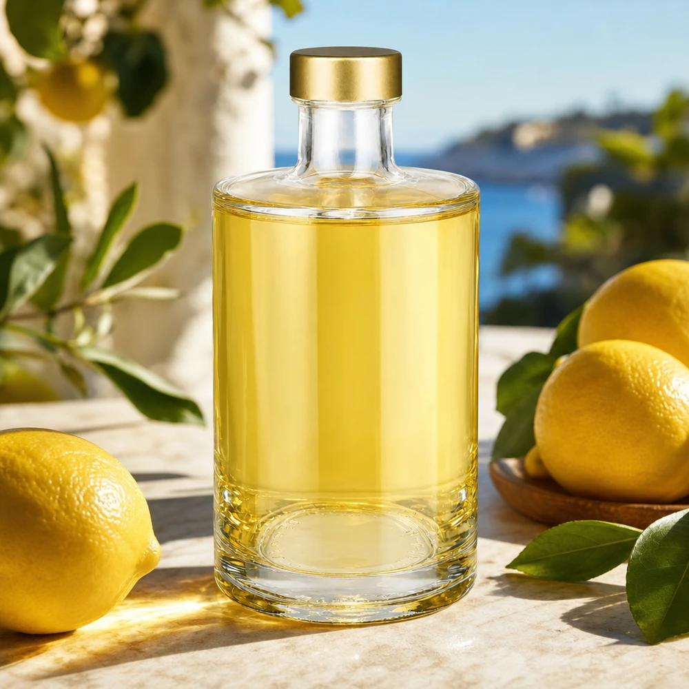 375ml Glasflasche "Sam" + Schraubverschluss gold UNiTWIST 375ml lasipullo Sam sitrusliköörillä kultainen kierrekorkki UNiTWIST sitruuna limoncello Välimeren tunnelma