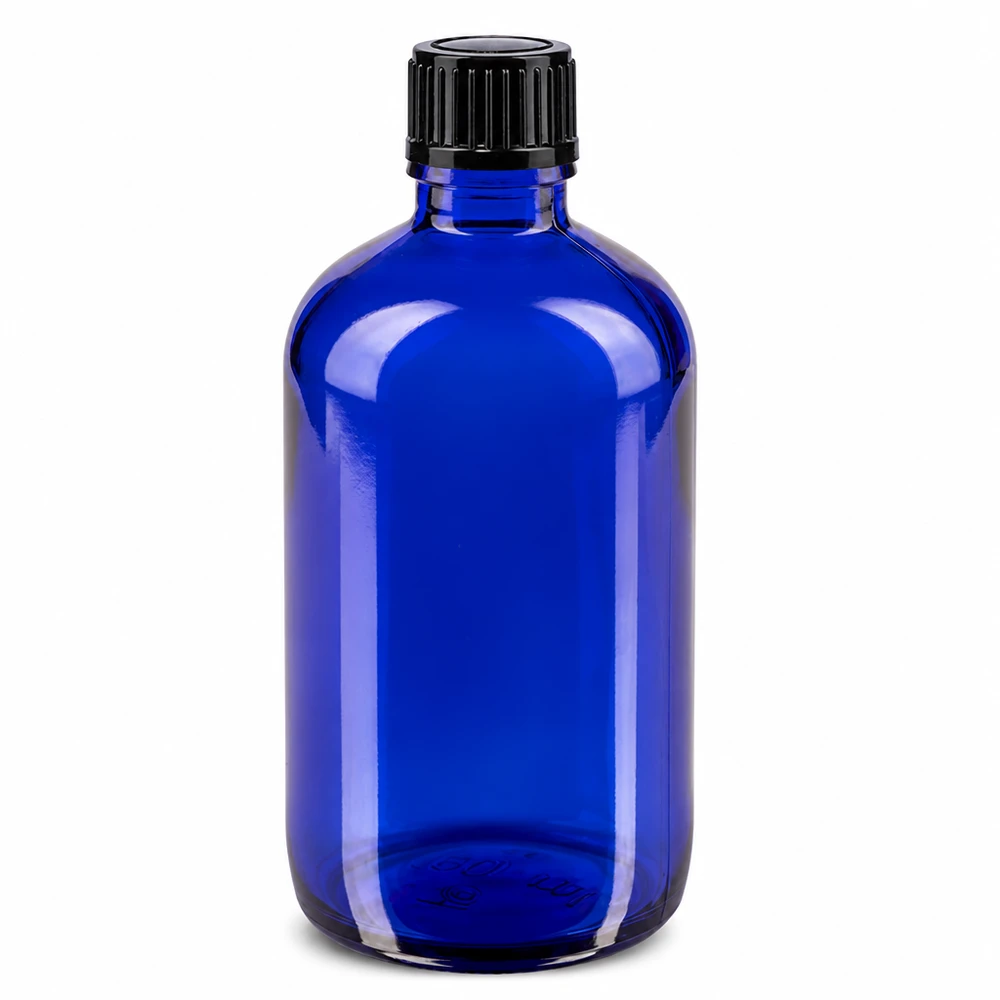 100 ml:n sininen lasinen apteekkipullo, jossa on musta kierrekorkki ja 1 mm:n tiputusosa