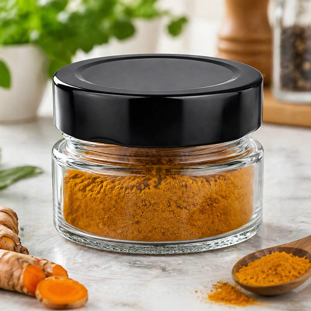80ml pyöreä purkki mustalla BasicSeal-kannella täynnä kurkumajauhetta Mausteet Keittiöympäristö Käyttöesimerkki