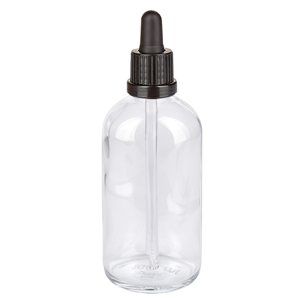 100 ml:n pipettipullo musta väärentämisen estävä suljin ClearLine UT18/100 100 ml:n kirkaslasinen pipettipullo, jossa on musta tippakorkki, ClearLine-sarja UT18