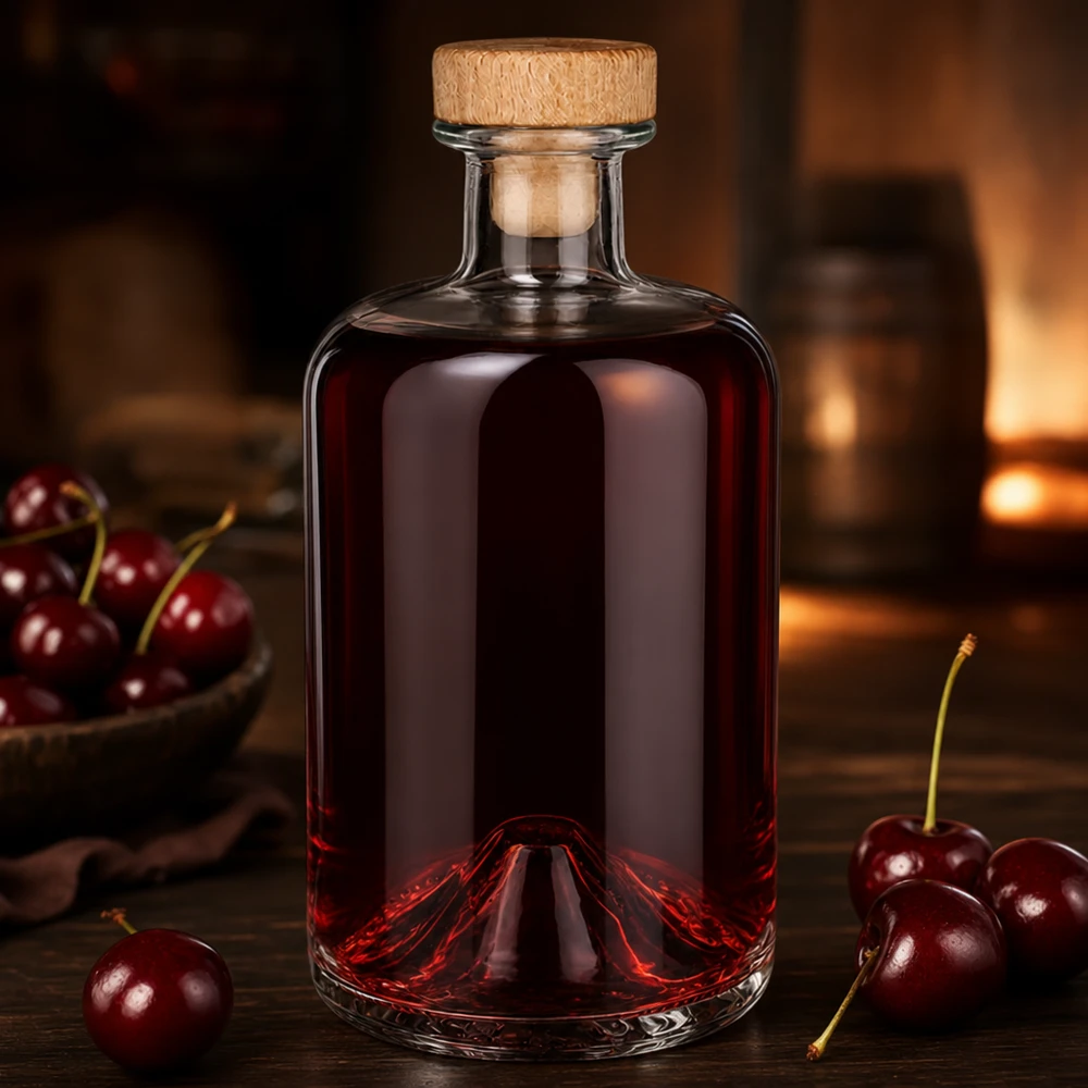 500ml Apothekenflasche "Classic" mit Holzgriffkorken UNiTWIST® 500ml Sofia-lasipullo, jossa on puukorkki ja joka on täytetty punaisella kirsikkanesteellä, jota ympäröivät tuoreet kirsikat Tunnelma