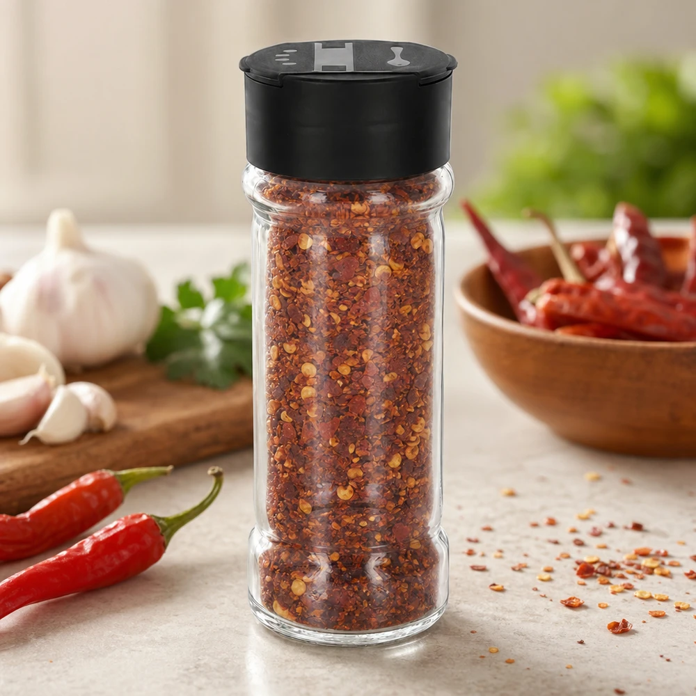 100 ml:n maustepurkki, joka on täytetty chilihiutaleilla ja jossa on musta ripottelukansi, keittiön työtasolla