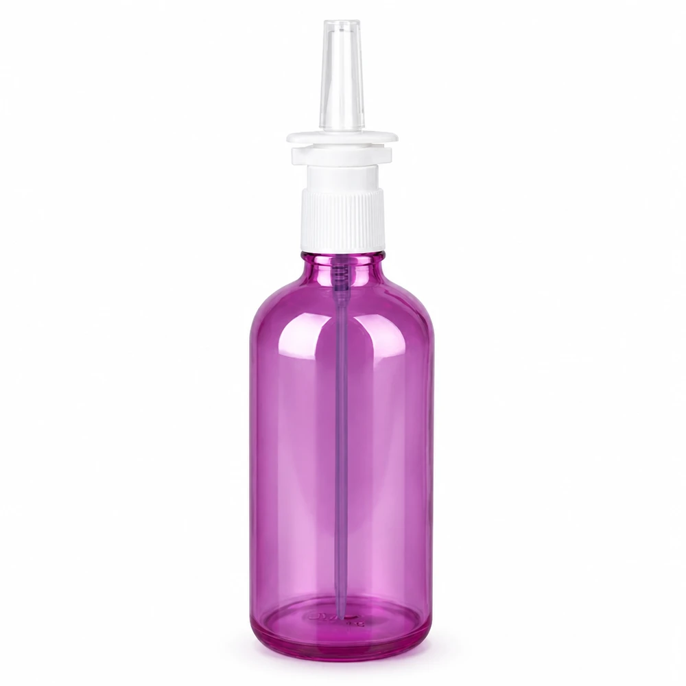100ml nenäsumutepullo violetti läpinäkyvä, jossa on valkoinen UT18-kierre PurpleLine-sumuteliitin