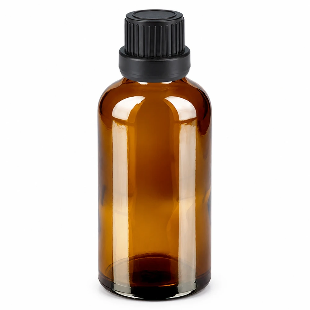 50ml meripihkanvärinen lasinen tippapullo mustalla korkilla eteerisille öljyille ja kosmetiikalle.