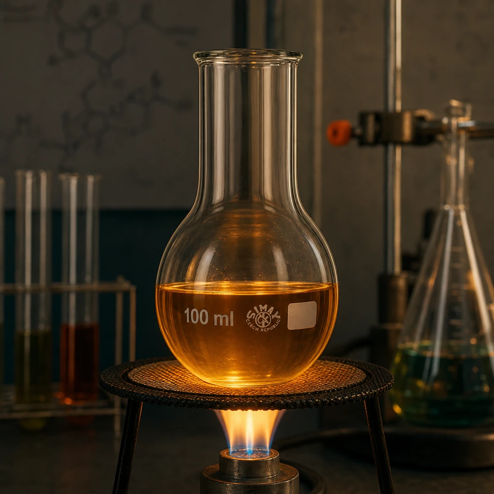 Pyöreäpohjainen pullo 100ml leveä kaula 100 ml:n pyöreäpohjainen pullo, jossa on leveä kaula ja laboratoriolämmitin lämpötilan säätöä varten.